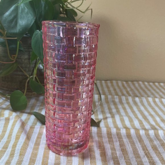 Vintage Crystal Glass Basket Weave Bossa Nova Pink Vase - Picture 1 of 6